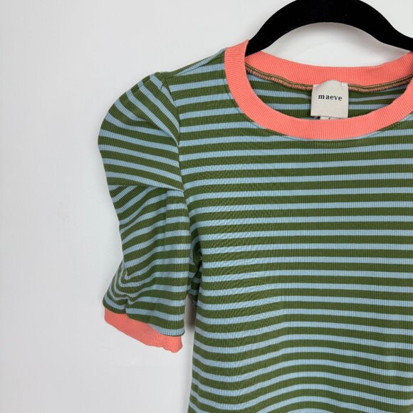 Anthropologie Maeve Ribbed Striped Puff Sleeve Top Green/Blue Small - Picture 3 of 9